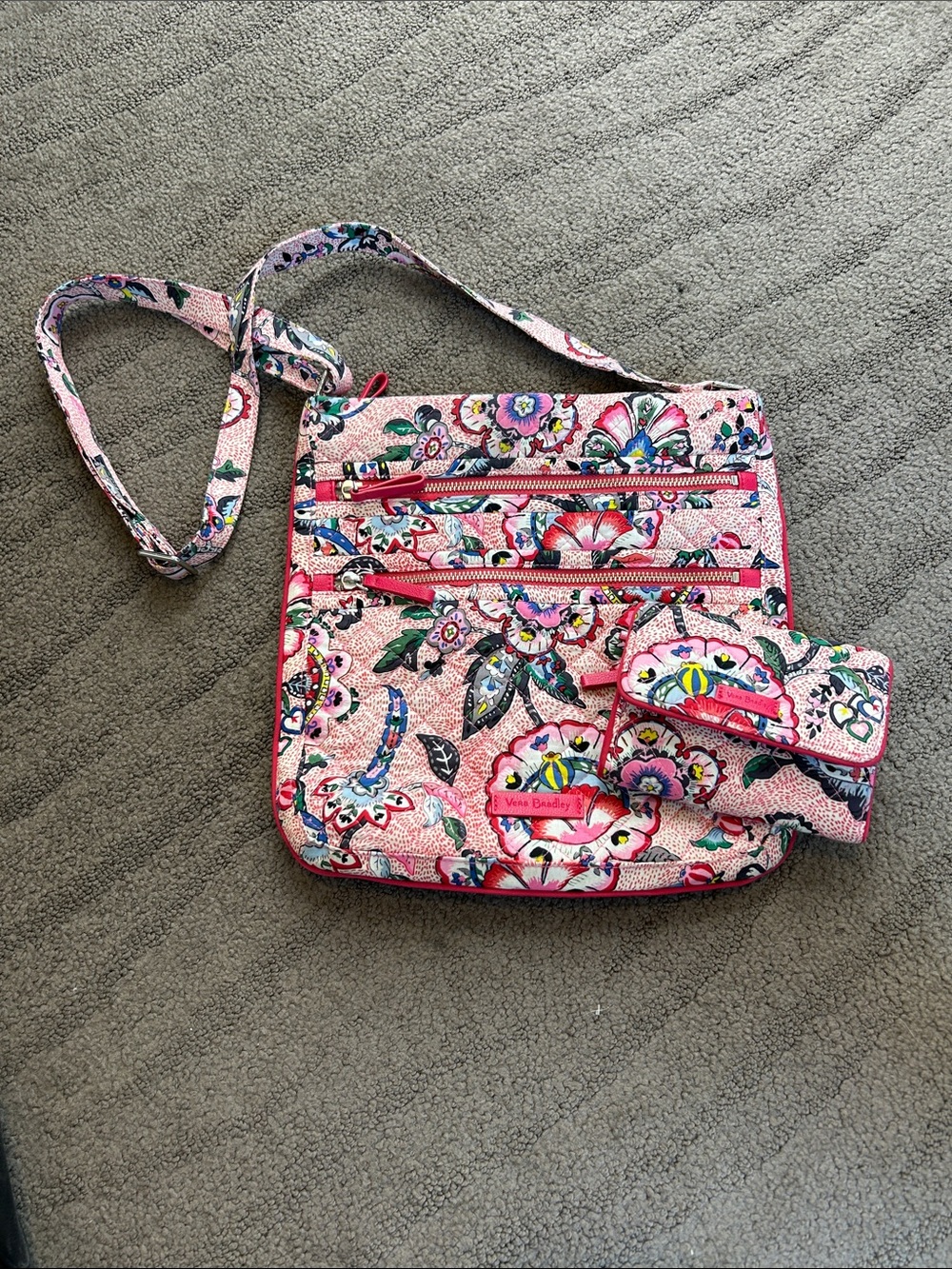 Vera Bradley Triple Zip Hipster and Wallet in Stitched Flowers pattern